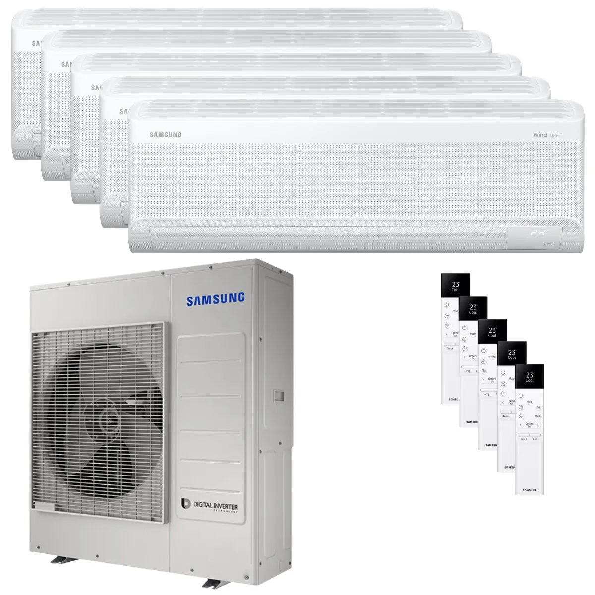 Condizionatore Samsung Windfree Elite S2 penta split 7000+7000+7000+9000+12000 BTU inverter A++ wifi unità esterna 10 kW